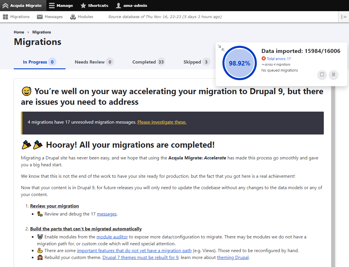Acquia Migrate: Accelerate (AM) - 98% complete! 